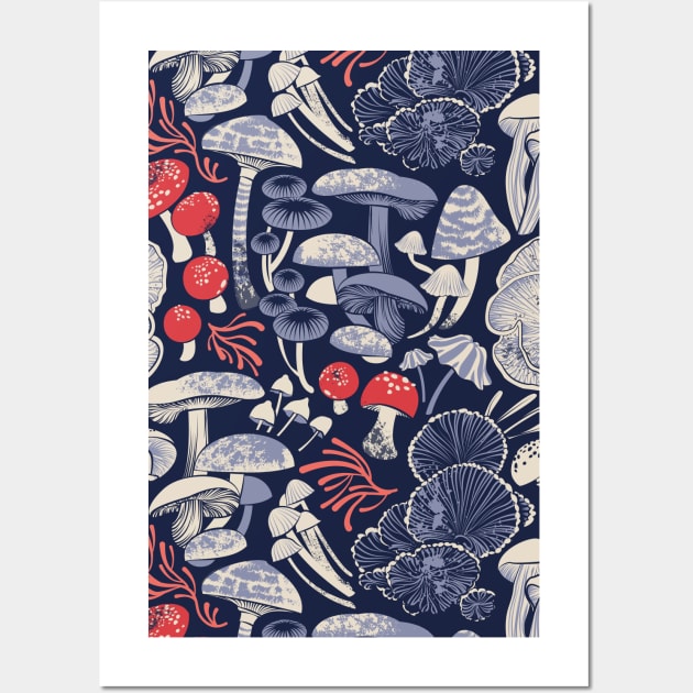 Mystical fungi // midnight blue background ivory pale blue coral and red wild mushrooms Wall Art by SelmaCardoso